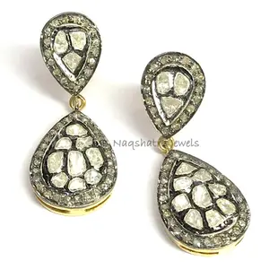 DIAMOND DANGLE EARRINGS -Sterling silver,Rose Cut Diamonds, Antique earring ,Diamond Clusters ,Wedding Gift, Bridal Shower Gift ....