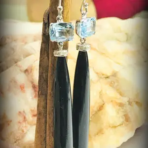 BLACK ONYX DANGLE Earrings, Blue Topaz ,Pencil Drop Onyx , Black Gemstone ,Gift For Her