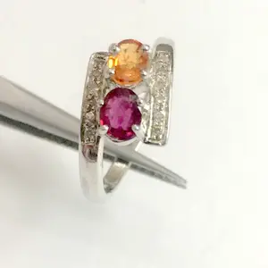 MULTI SAPPHIRES DIAMONDS 925 sterling silver ring,reddish  Oranges sapphire ring,Christmas Gifts