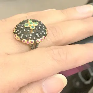 RUBY EMERALD DIAMONDS Antique 925 sterling silver ring, vintage style jewellery , multistone ring , gift for love and friendship , christmas