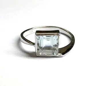 DAINTY AQUAMARINE SQUARE 925 Sterling Silver ring , Promise Ring for Her , Simple , Elegant  Look , March Birthday Gift