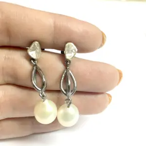 DIAMONDS PEARL EARRINGS in sterling silver,chandeliers,diamond antique earring , drop earrings , pearl earrings