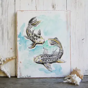 Koi Fish Print On Wood, Fish Wall Sign, Pisces Print, Wood signs for home, Housewarming Gift, Rustic wood sign, Nautical