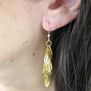 Gold Tiny Leaves Earrings, Chandelier Leaves Earrings, Gold Filled Wire Ear, Dangle Earrings,
