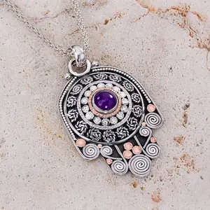 Silver Amethyst Necklace, Silver Hamsa Necklace, Hand of Fatima, Filigree jewelry, February Birthstone, Kabbalah Jewelry