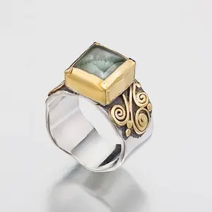 Aquamarine Ring in Sterling Silver and 22K gold, Square Gemstone, Gemstone Ring, 22K Gold Ring, March Birthstone Ring