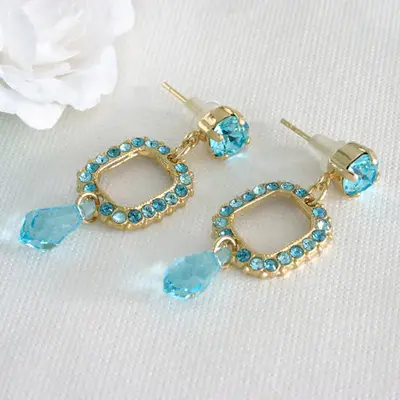 Mother of the bride earrings, Bridal party earrings, Blue crystal earrings, Blue turquoise earrings, blue and gold earrings