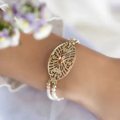 Gold and pearl bracelet, Gold filigree bracelet, Gold bracelet, Pearl bracelet, Elegant bracelet