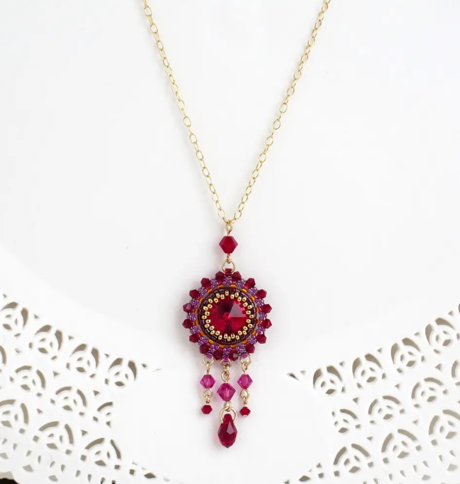 Boho chic red pendant necklace, Swarovski crystal chandelier necklace, Red gold necklace for women, Wife gift wedding anniversary Boho chic red pendant necklace, Swarovski crystal chandelier necklace, Red gold necklace for women, Wife gift wedding anniversary