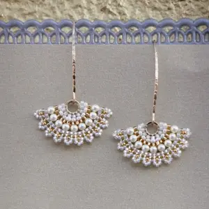 Swarovski pearl earrings for wedding party, Bridal statement earrings, Long bridal earrings gold, Fan earrings for bride