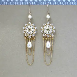 Boho bridal chandelier earrings gold, Long chain dangle earring, Statement Drop pearl earrings for wedding, Formal earrings for women
