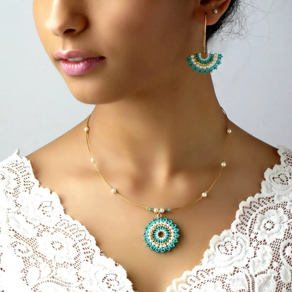 Turquoise Fan Beaded Necklace Turquoise And Pearl Jewelry Set