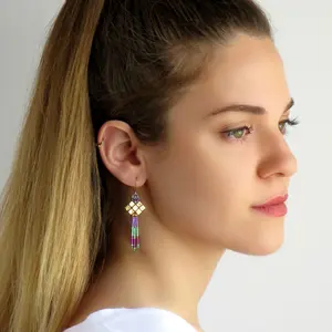 Purple and green beaded fringe earrings for women, Gold geometric earrings, Rhombus earrings, Colorful tassel earrings