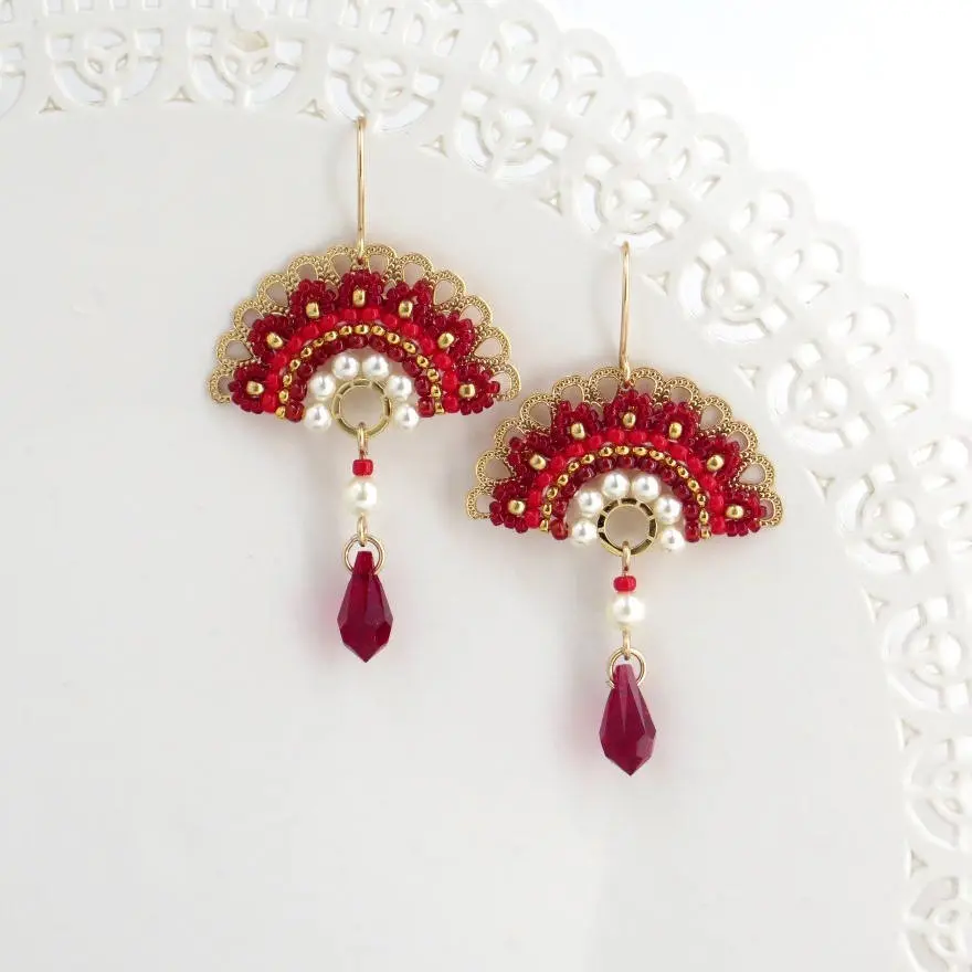 Red unique dangle earrings, Swarovski crystal and pearl beaded fan earrings, Unusual earrings, Gift for women Red unique dangle earrings, Swarovski crystal and pearl beaded fan earrings, Unusual earrings, Gift for women