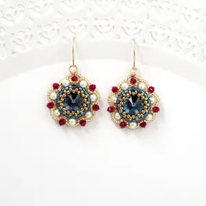 Blue dangle earring, Victorian earrings, Blue crystal earring, Dark blue earring, Pearl and crystal earrings, Pearl bridesmaid earrings