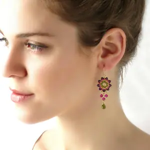 Dangle earrings women, Swarovski crystal beaded earrings, Boho chandelier earrings, Green drop earrings, Colorful earrings, Gift for wife