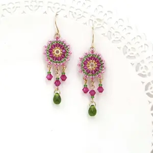Green and pink bright earrings, Boho colorful chandelier earring, Gift for wife, Cute beaded earring, Fashion jewelry
