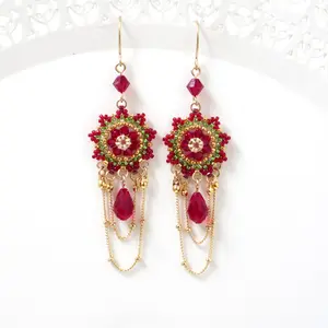 Statement long earrings women, Green and red chandelier earrings, Gold dangle chain earrings, Fashion earrings for women
