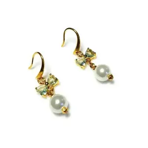 Green Crystal Earrings, Green Bow, White Swarovski Pearl, Gold Jewelry, Hypoallergenic Jewelry, Nickel Free, Ernite Crystal, Unique Earrings