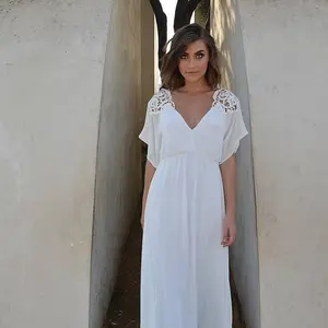 chiffon wedding dress, embroidery top,loose top wedding dress,chiffon boho wedding dress, bohemian wedding dress, lace wedding dress