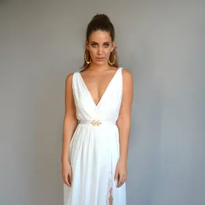 chiffon wedding dress, lace slit wedding dress, V neck wedding dress, open back wedding dress,chiffon wedding dress