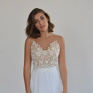 Boho wedding dress, embroidery top on a sheer mesh, open back wedding dress