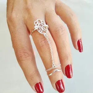 Silver Double Ring, Double Hamsa Chain ring, knuckle ring sterling silver, Chain Ring, Silver Midi Rings, Stacking Double Finger Ring,