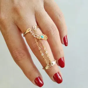 Double Gold Chain Ring, Hamsa Ring, Gold Filled Double Ring, Dainty Ring, Stacking Double Finger Ring Adjustable Ring, Dangle Hamsa,