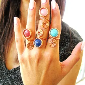 Boho Jade Rings, Spiral Copper Ring, Wire Wrapped Ring, Gemstone Ring, Hand Made Jewelry, Pink Ring, Unique Rings,