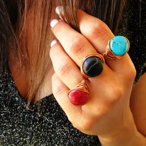 Turquoise Howlite Chunky Ring, Copper ring, Wire wrapped Ring, Rings for Women, Stone Ring, Moonstone Ring, Handmade Rings,