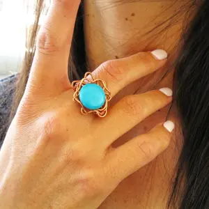 Turquoise Howlite Flower Ring, Turquoise Ring, Copper Ring, Buho Ring, Turquoise Ring, Wire Wrapped Ring, Chunky Ring,