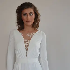 Simple wedding dress floor length,embroidery flowers at the top boho wedding dress, long sleeve wedding dress, comfortable wedding dress