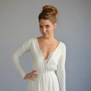 Simple wedding dress, lace wedding dress, long sleeves wedding dress, open back wedding dress, lace cleavage ,bell shape skirt, Boho wedding