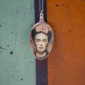 Unique vintage spoon pendant, frida kahlo  necklace, statement necklace , mexican style