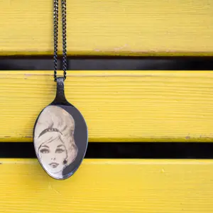 Unique spoon pendant, black spoon with a women figure , statement necklace, retro style, spoon necklace, madmen lovers gift, vintage style.