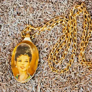 Unique teaspoon pendant, golden teaspoon, women figure necklace, statement necklace, retro style, spoon necklace, madmen lovers gift, vintage style.