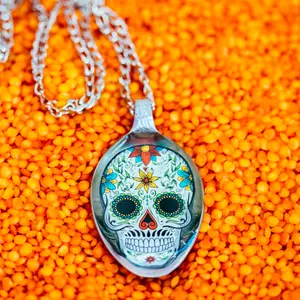 Unique spoon pendant, silver color spoon, skull necklace, statement necklace, retro style, calavera skull spoon necklace, mexican skull
