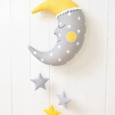 Happy moon in grey and yellow Nursery / Kids Rooms Pillow