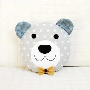 Happy teddy bear with yellow bow tie in grey and blue Nursery / Kids Rooms Decorative Pillow