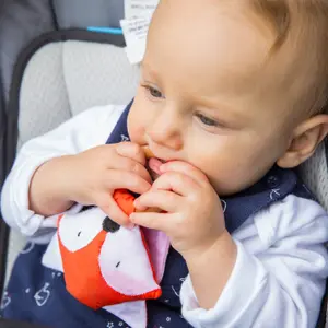 Organic fox teething ring for babies, handmade with GOT certified organic cotton and maple wood ring