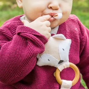 Organic, eco-friendly pink baby teether, handmade with organic cotton fabric and maple wooden ring