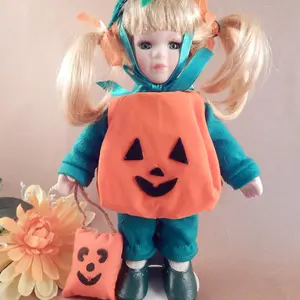 Doll Pumpkin Halloween Costume Blonde Girl Porcelain with Stand 9" Keepsake Collectible Display Doll Fall Home Decor