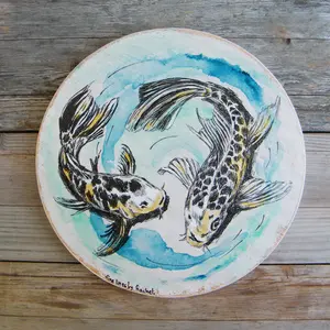 Round Wood Sign, Koi Fish Print On Wood, Fish Wall Sign, Pisces Print, Housewarming Gift, Rustic wood sign, Nautical art, Oval Wall Decor