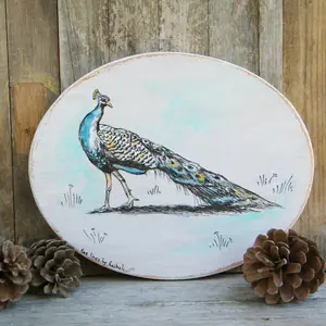 Peacock Wall Sign, Oval Wall Art, Peacock Print, Bedroom Decor, Peacock Art, Rustic wood sign, Nature Art, Bird Wall Hanging