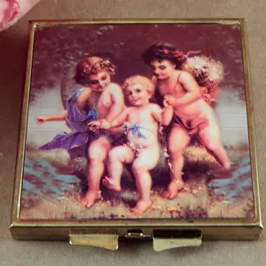 Compact Mirror Gold Metal Angel Cherub Scene Flip Top Standard and Magnified Purse Mirror Vintage Cosmetic Vanity Grooming Accessory Gift