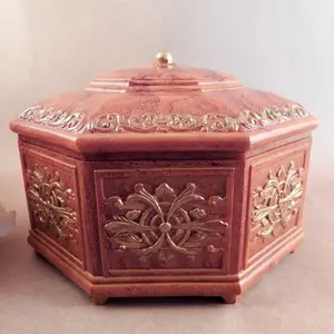 Covered Box Hexagon Shaped Crown Top Mirrored Storage Box Elegant Wood Look Jewelry Case Trinket Box Keepsake Organizer Vintage 1970s Home Decor Gift