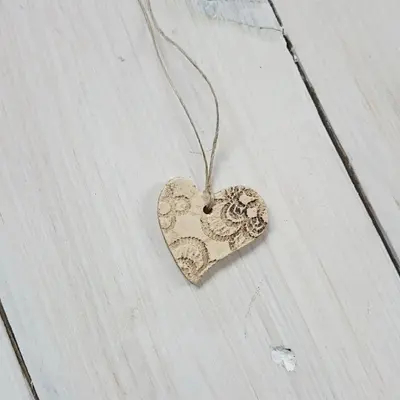 Handmade ceramic Pendant, set of six pendants, heart shape floral texture