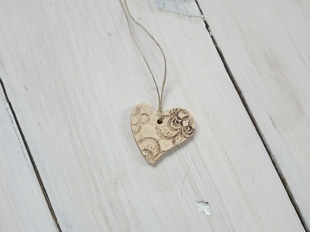 Handmade ceramic Pendant, set of six pendants, heart shape floral texture Handmade ceramic Pendant, set of six pendants, heart shape floral texture