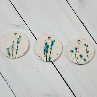 Handmade ceramic Pendant, set of six pendants, round shape - floral