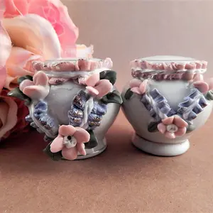 Salt and Pepper Shakers White Porcelain Pink Blue Floral Serving Set Vintage 1950s Victorian Cottage Kitchenware Tableware Dining Accessory